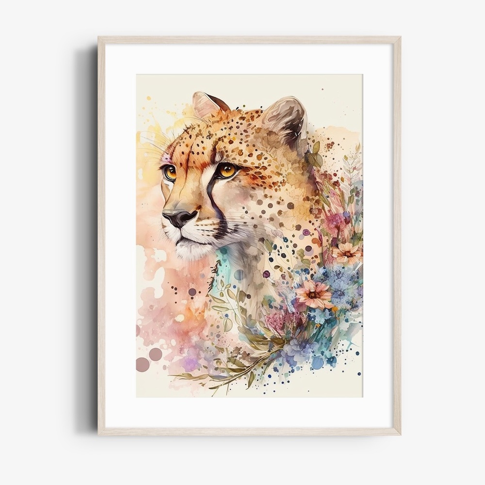 Cute Floral Cheetah Watercolor Wall Art Illustration Print Poster Card Unframed - Picture 2 of 8